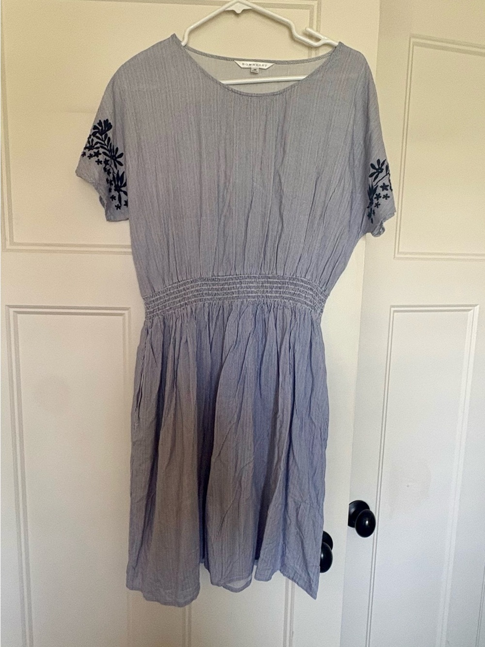 Light Blue Smocked Waist Embroidered Sleeve Dress DownEast Medium